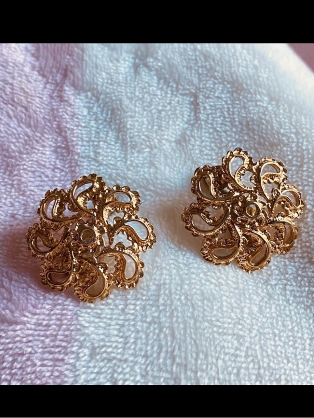 Monet Gold Paisley Clip Earrings Vintage Costume Jewelry Hubcap Flower